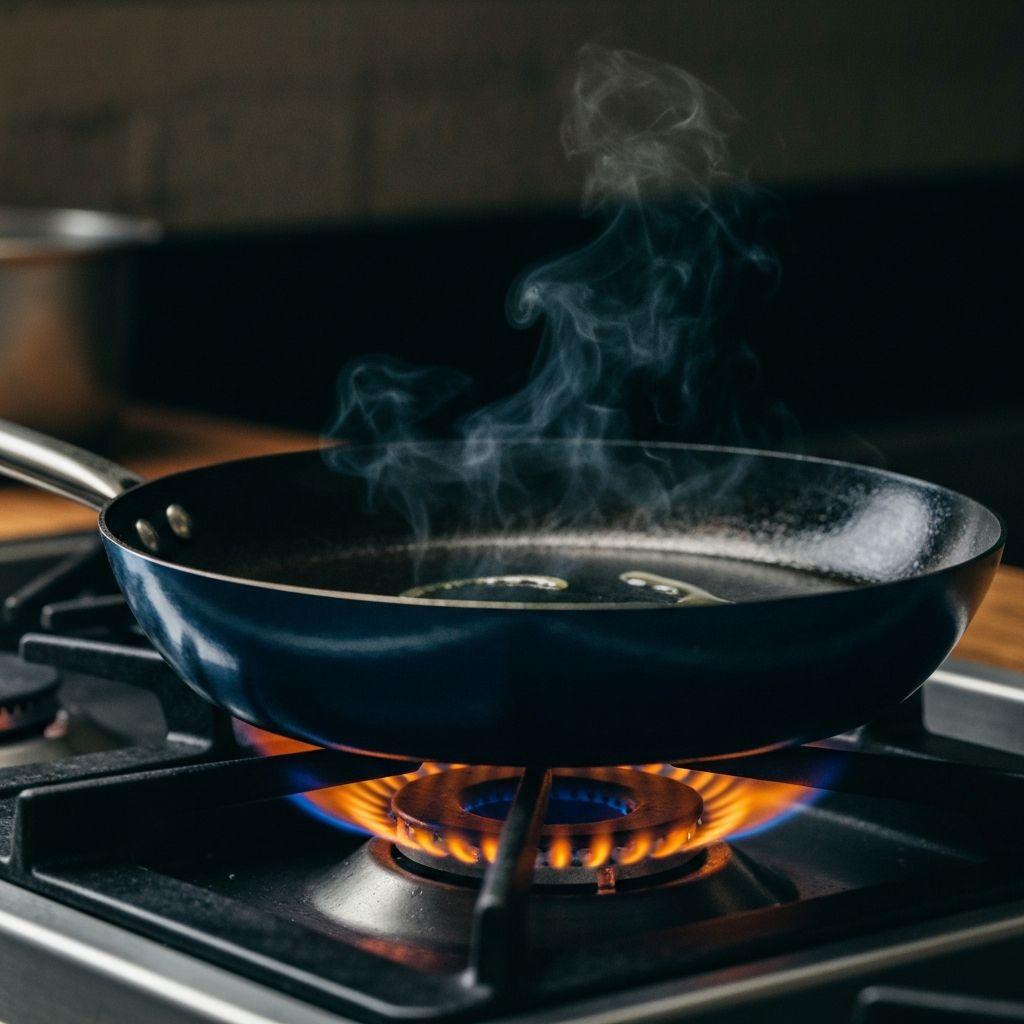 Blue carbon steel skillet being seasoned on a gas burner