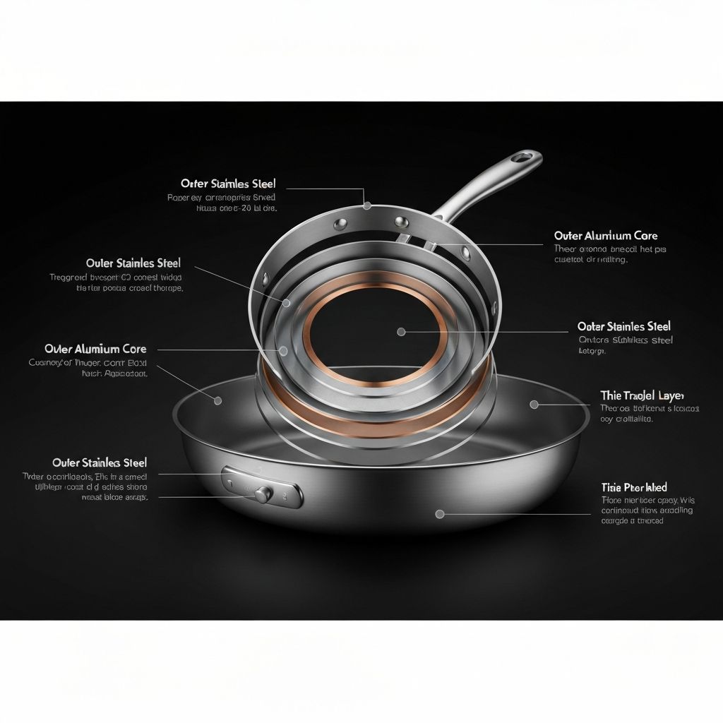 5-ply bonded construction layers of Made In stainless cookware
