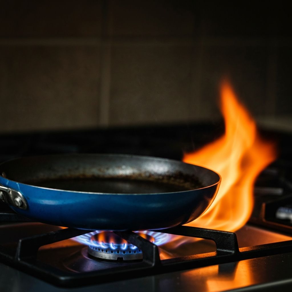 Carbon steel skillet developing a seasoned patina over a gas flame